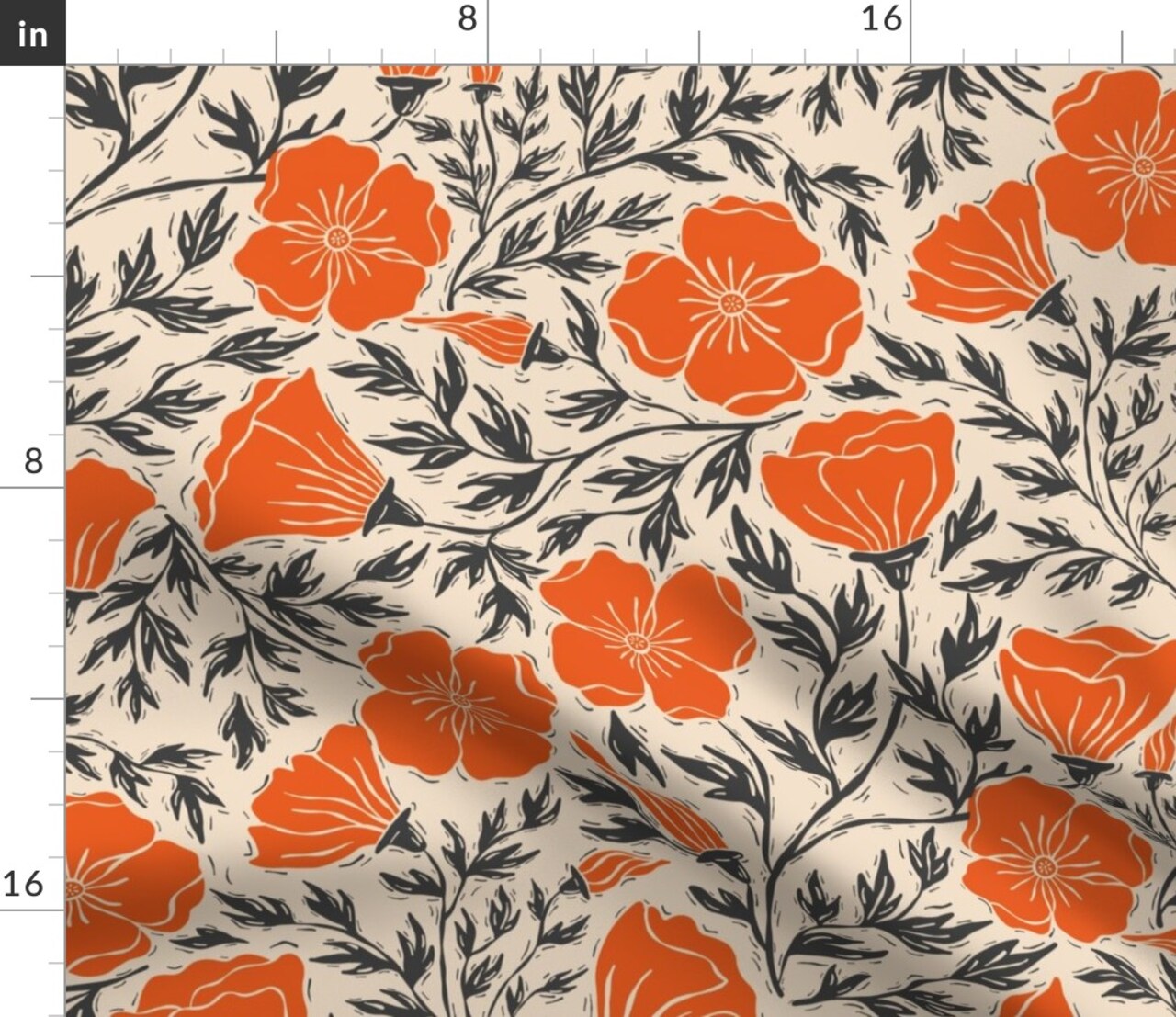 Orange Floral Block Print Summer Poppies Retro Linocut Bold Black Botanical Modern Flowers Custom Printed Fabric by Spoonflower Various Fabrics by the Yard or Fat Quarter
